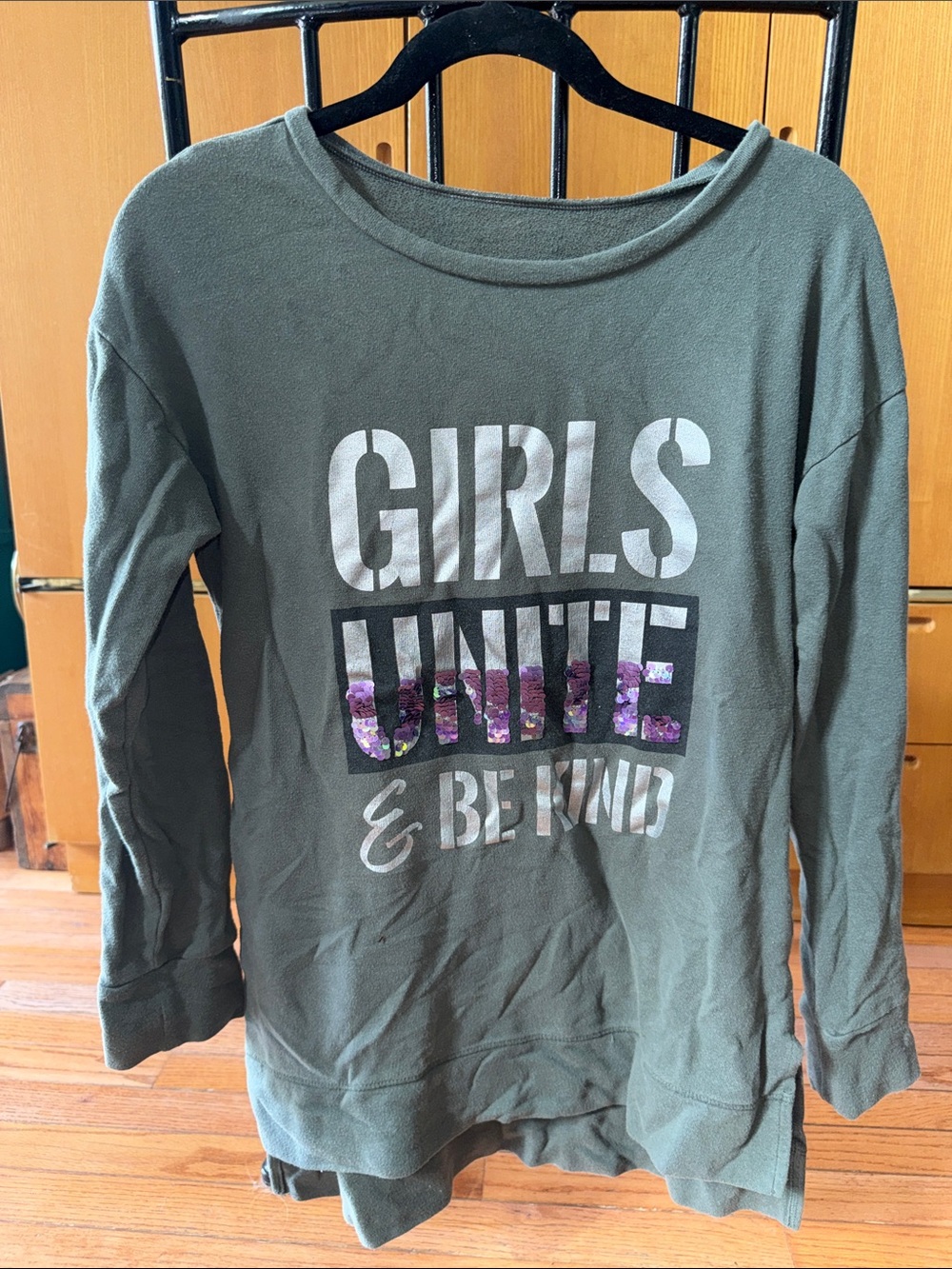 Justice Olive Green Sweatshirt with Purple Sequin 'UNITE'